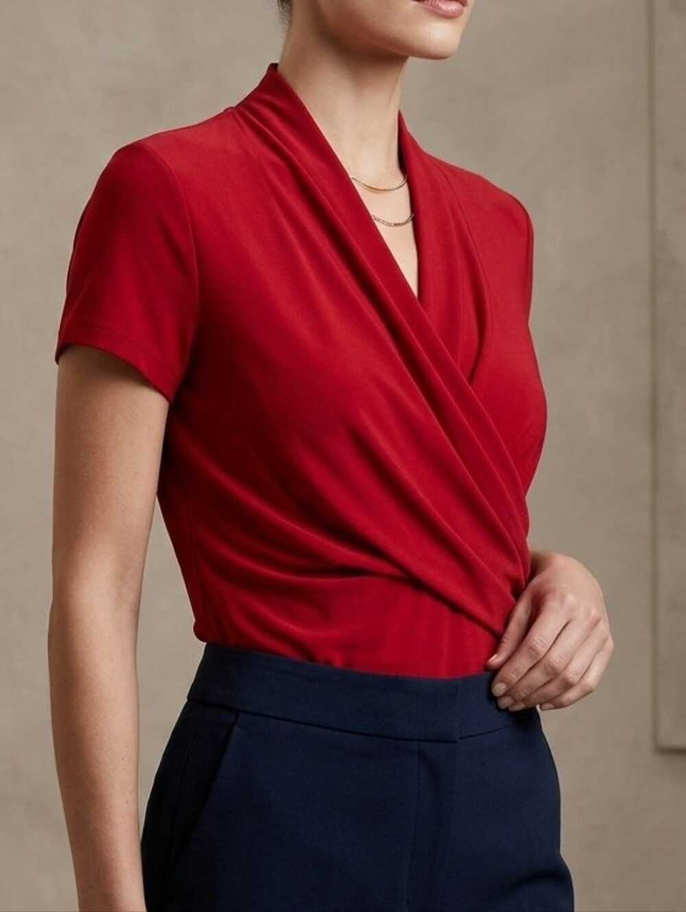 DKNY Red Matte Jersey Faux Wrap Blouse Short Sleeve Top